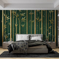 Bamboo forest wallpaper with gold stems creating a calm atmosphere in a modern living room with natural light