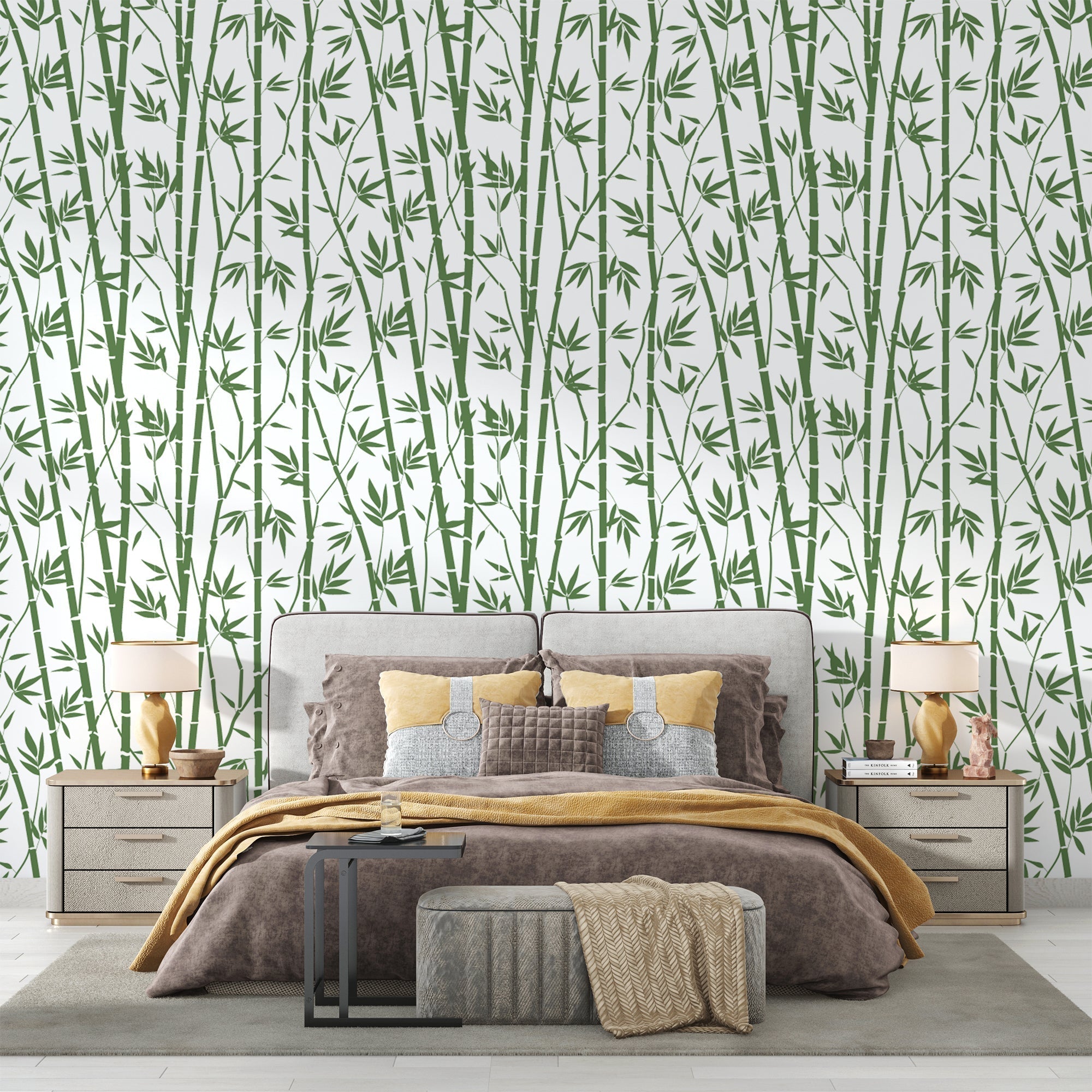 Bamboo wallpaper creating zen atmosphere in modern living room with natural light