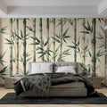 Bamboo wallpaper mural creating a peaceful atmosphere in a modern minimalist living room with natural light