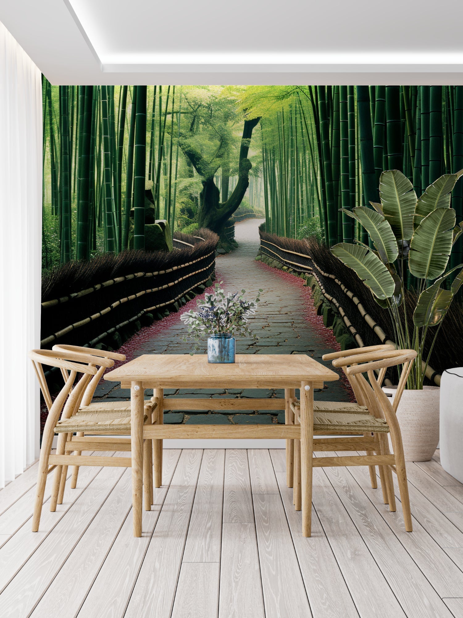 Bamboo path wallpaper in hotel lobby highlighting stone path detail