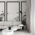 Japanese bamboo wallpaper mural creating a zen atmosphere in a modern living room with minimal furniture