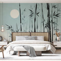 Bamboo forest wallpaper creating a serene atmosphere in a modern living room with minimalist furniture