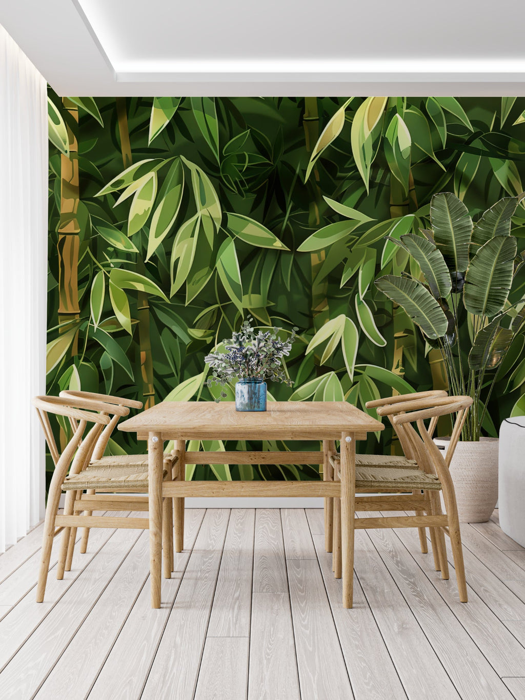 Bamboo forest mural creating depth in a home office space