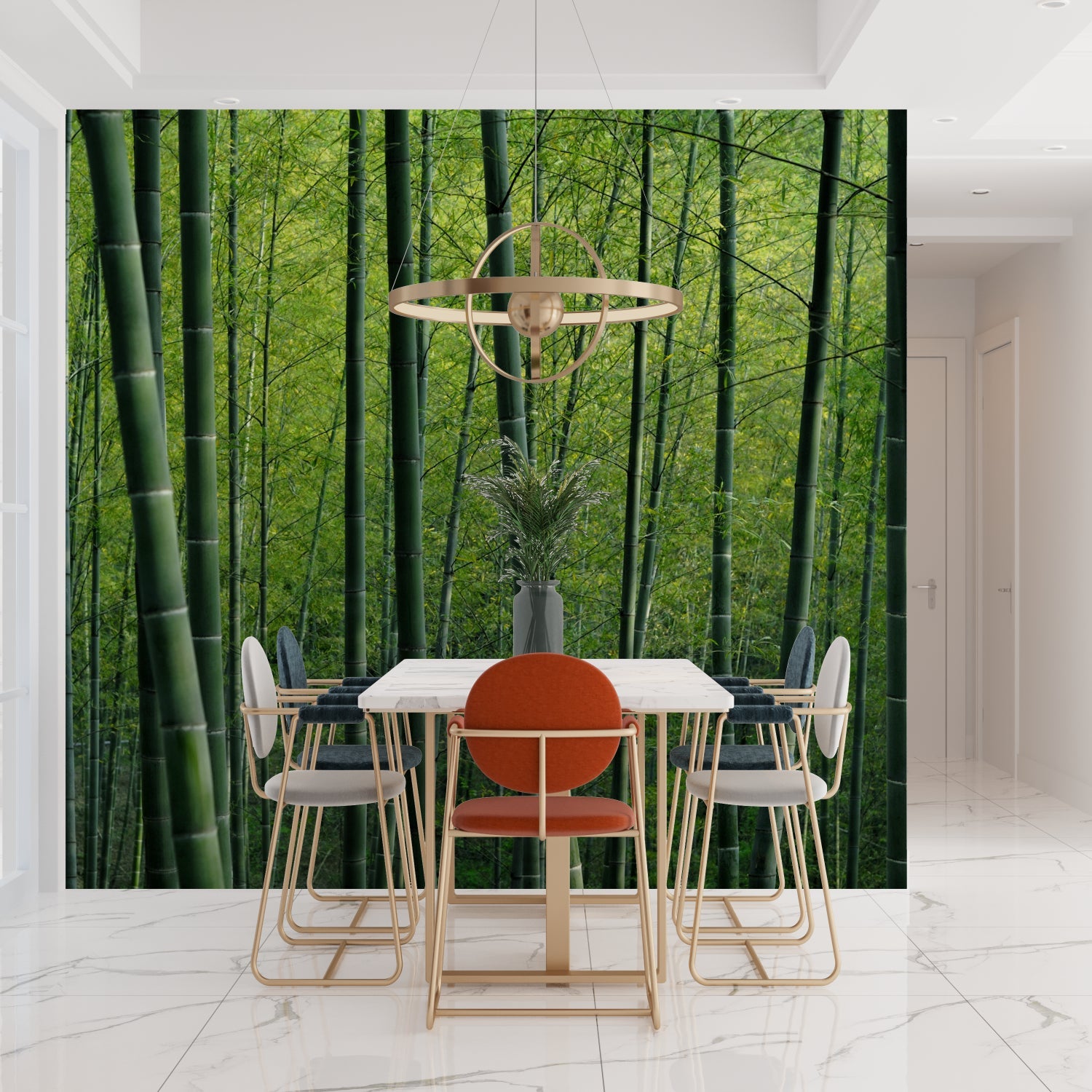 Lush bamboo wallpaper brightening home office space
