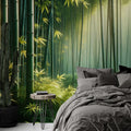 Bamboo forest wallpaper creating a peaceful atmosphere in a modern meditation room with natural light