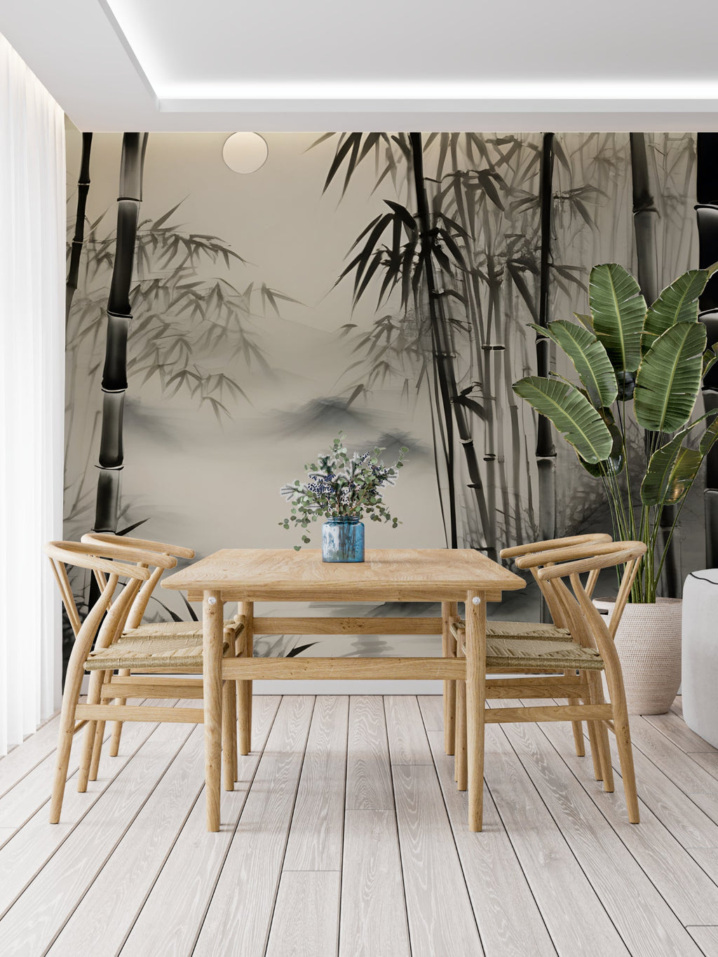 Monochrome bamboo wall mural in meditation room setting