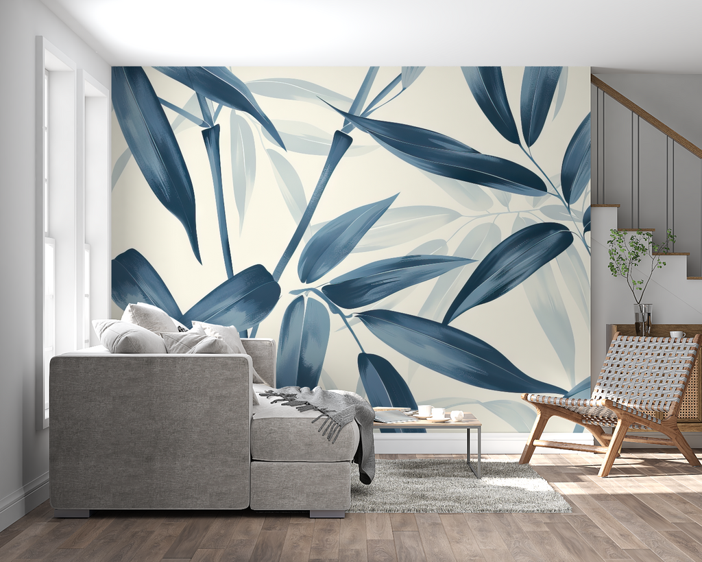 Bathroom featuring blue bamboo mural wallpaper in natural light