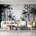Monochrome bamboo forest wallpaper creating a zen atmosphere in a modern living room with minimal furniture