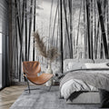 Bamboo forest wallpaper creating a serene atmosphere in a modern living room with minimalist furniture