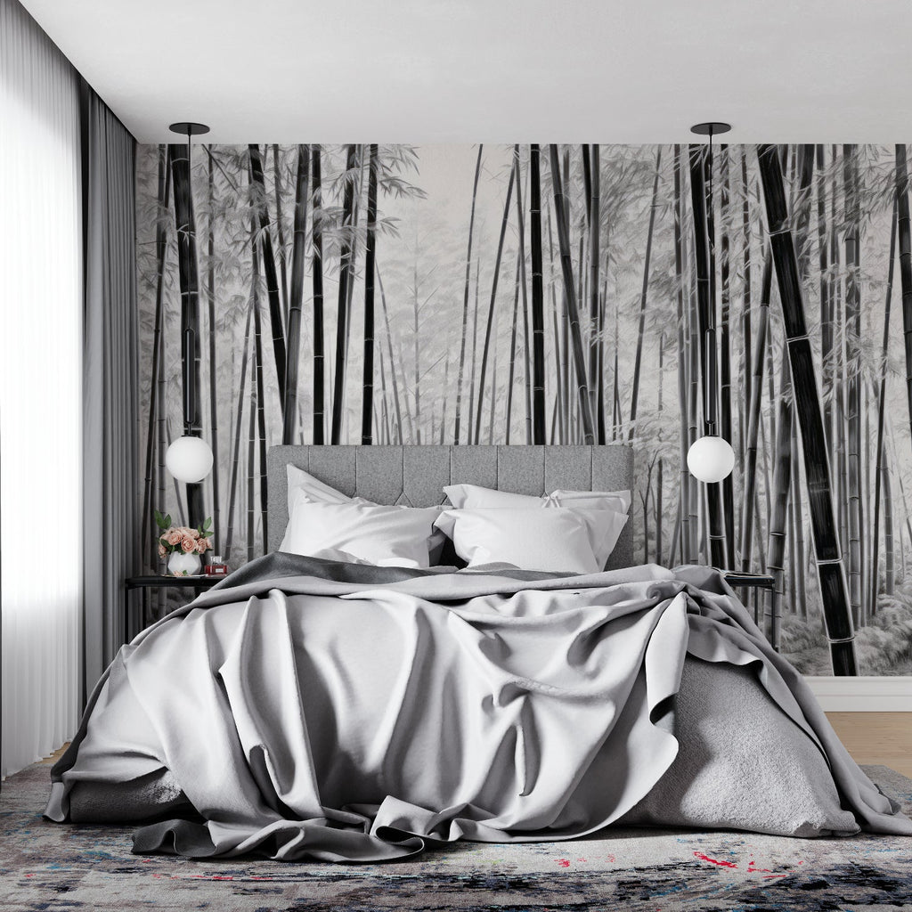 Black and white bamboo forest wallpaper bringing nature into a contemporary bedroom