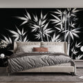 Black and white bamboo wallpaper creating a peaceful atmosphere in a modern minimalist living room