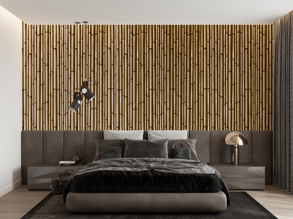 Bamboo wallpaper mural creating a serene atmosphere in a modern living room with minimal furniture