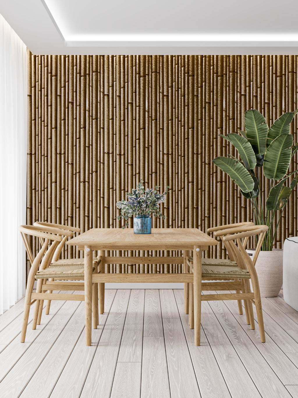 Natural bamboo wall mural in a peaceful bedroom setting with soft lighting