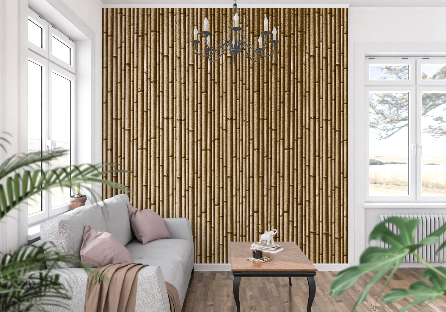 Vertical bamboo pattern wallpaper transforming a dining room with Asian-inspired decor