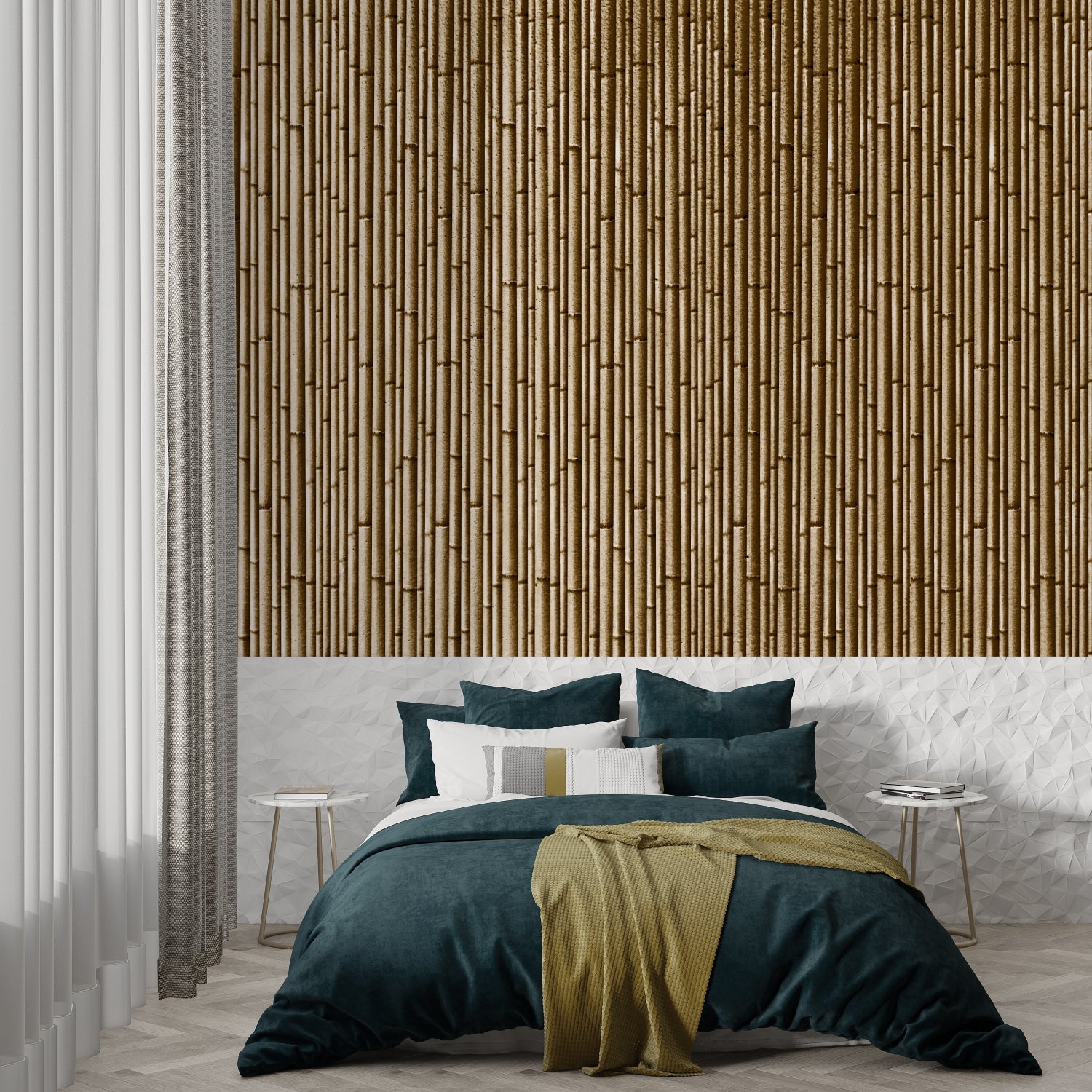 Bamboo wall design adding height to a home office space with natural light