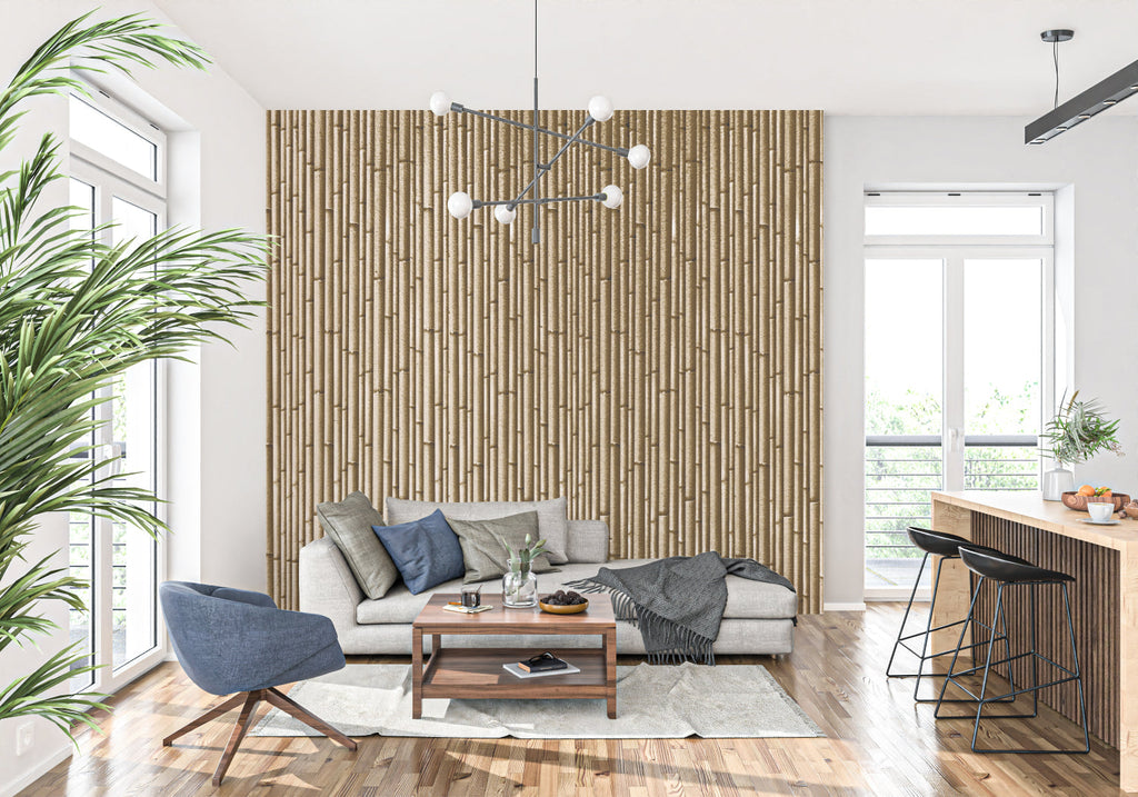 Golden-brown bamboo mural creating warmth in a meditation room setting