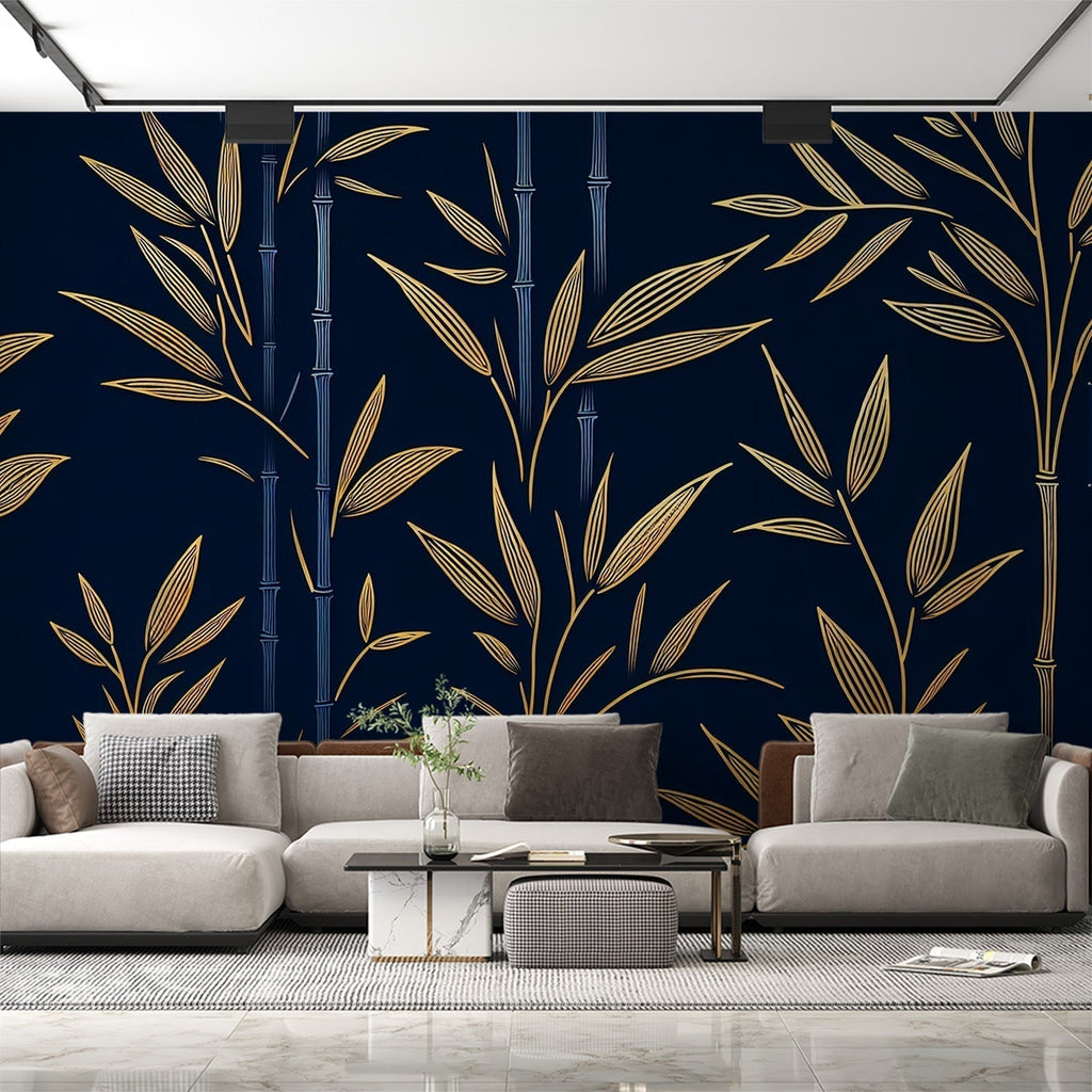 Navy and gold bamboo wallpaper creating an elegant atmosphere in a modern dining room with soft lighting