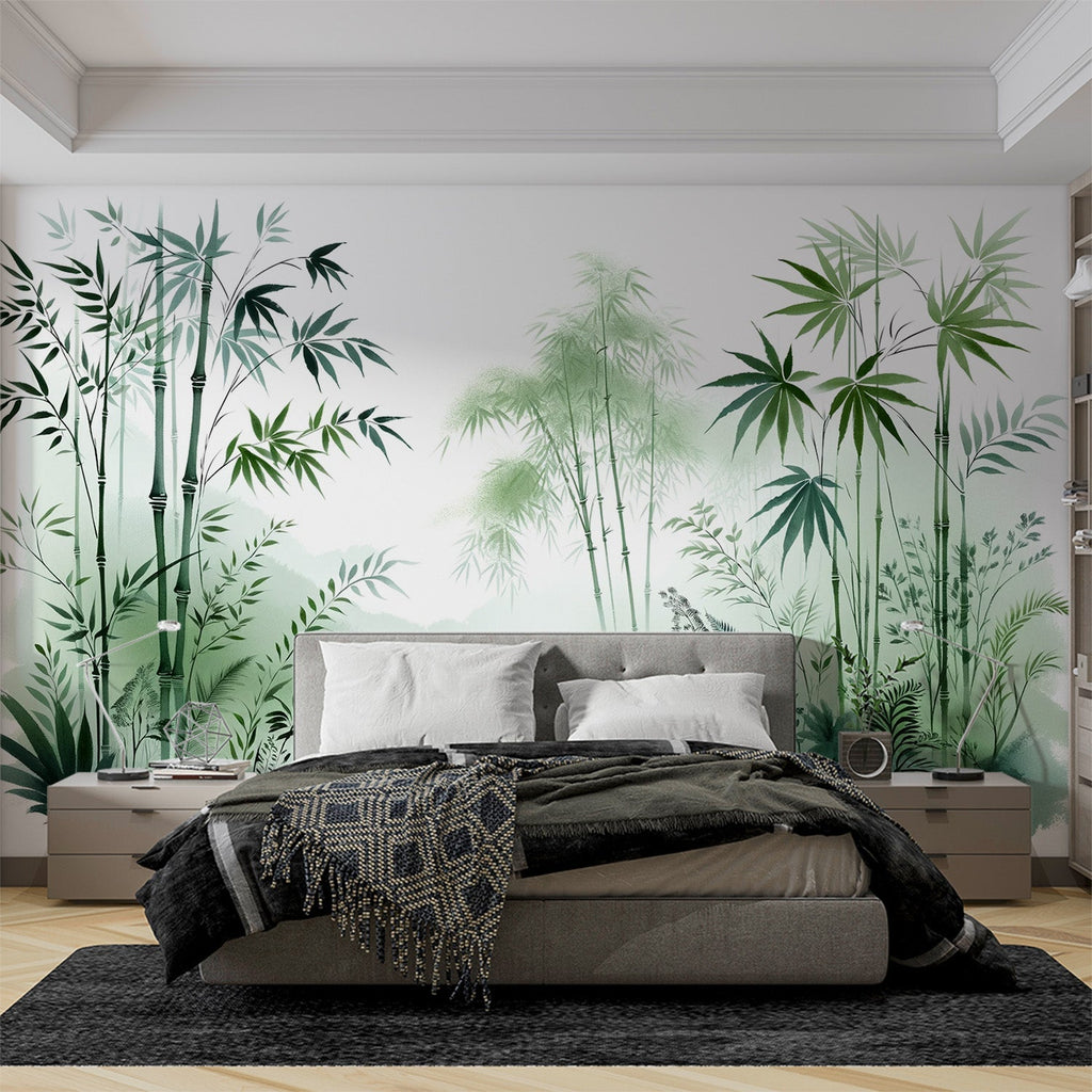 Bamboo forest wallpaper creating a serene atmosphere in a modern living room with natural light