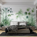 Bamboo forest wallpaper creating a serene atmosphere in a modern living room with natural light