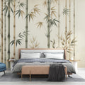 Bamboo wallpaper in sage green creating a zen atmosphere in a modern living room with natural light