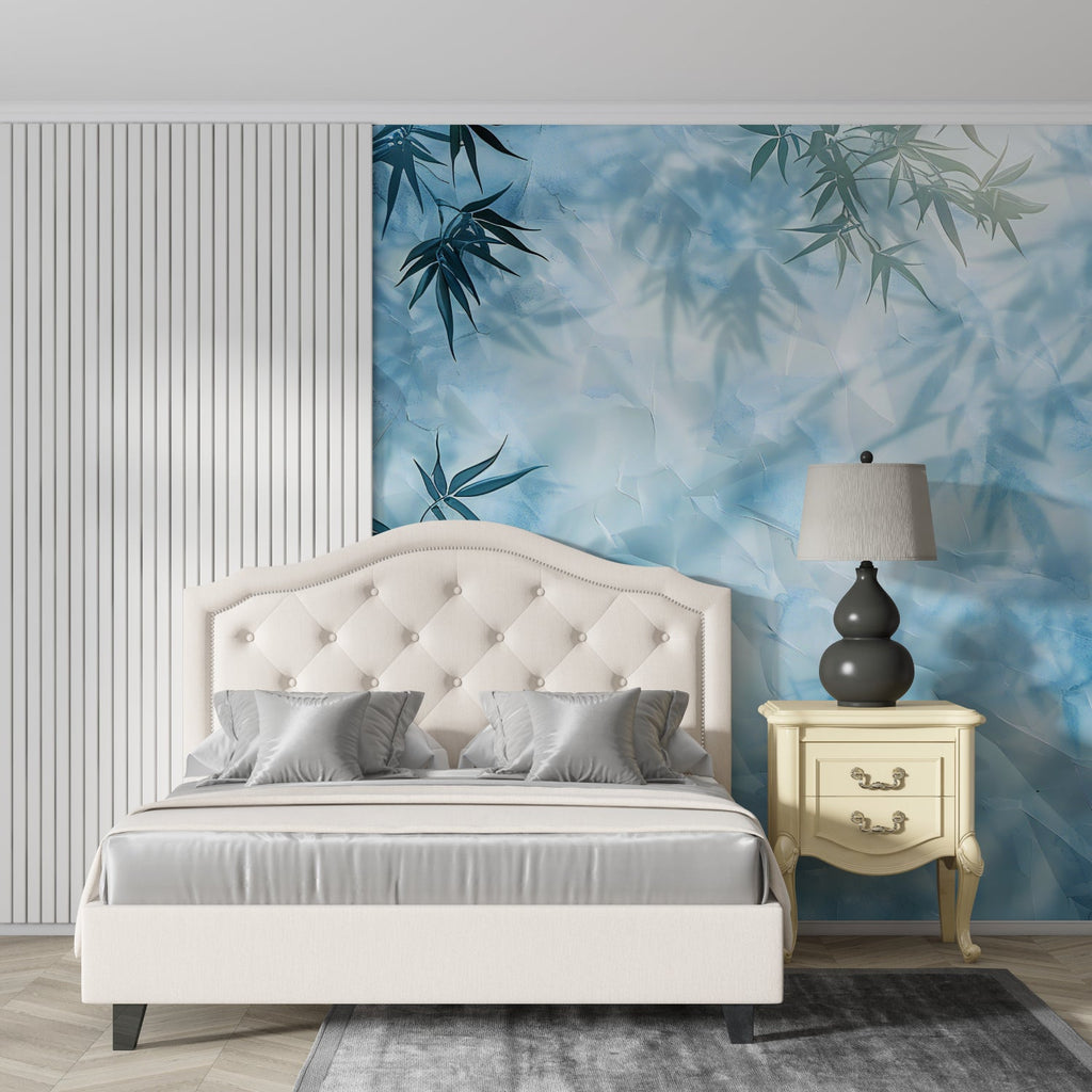 Dining room with bamboo wall mural showcasing elegant shadows and depth