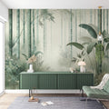Bamboo forest wallpaper creating a peaceful atmosphere in a modern living room with natural light and minimal furniture