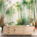 Bamboo forest wallpaper creating a serene atmosphere in a modern living room with natural light and minimal furniture
