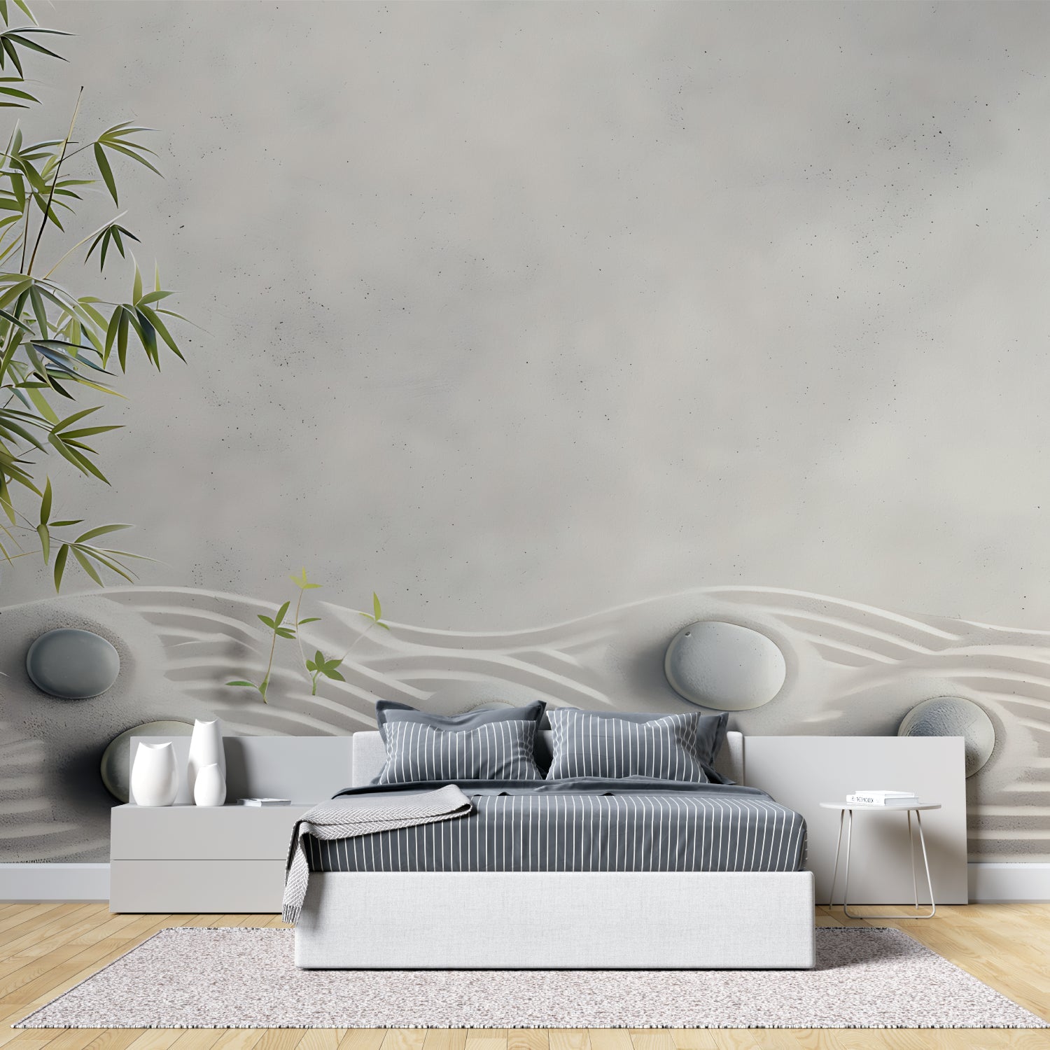 Bamboo zen garden wallpaper creating serenity in a modern living room with natural light