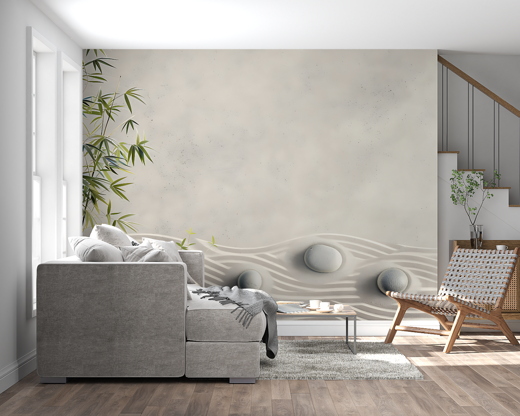 Stone wave pattern and bamboo leaves mural in a spa-like bathroom setting