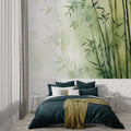 Bamboo wallpaper creating zen atmosphere in modern living room with natural light