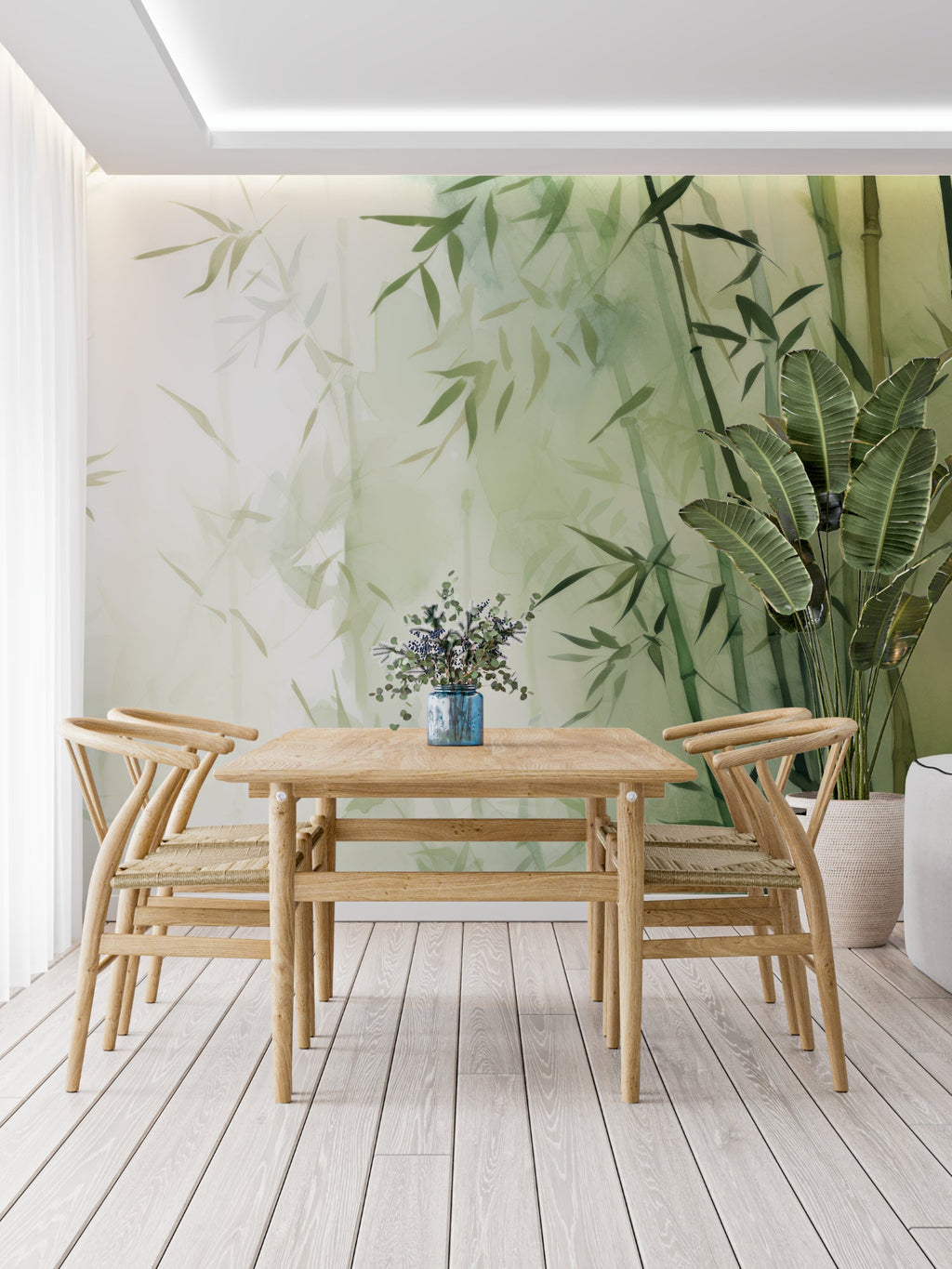 Watercolor bamboo mural in minimalist bedroom setting