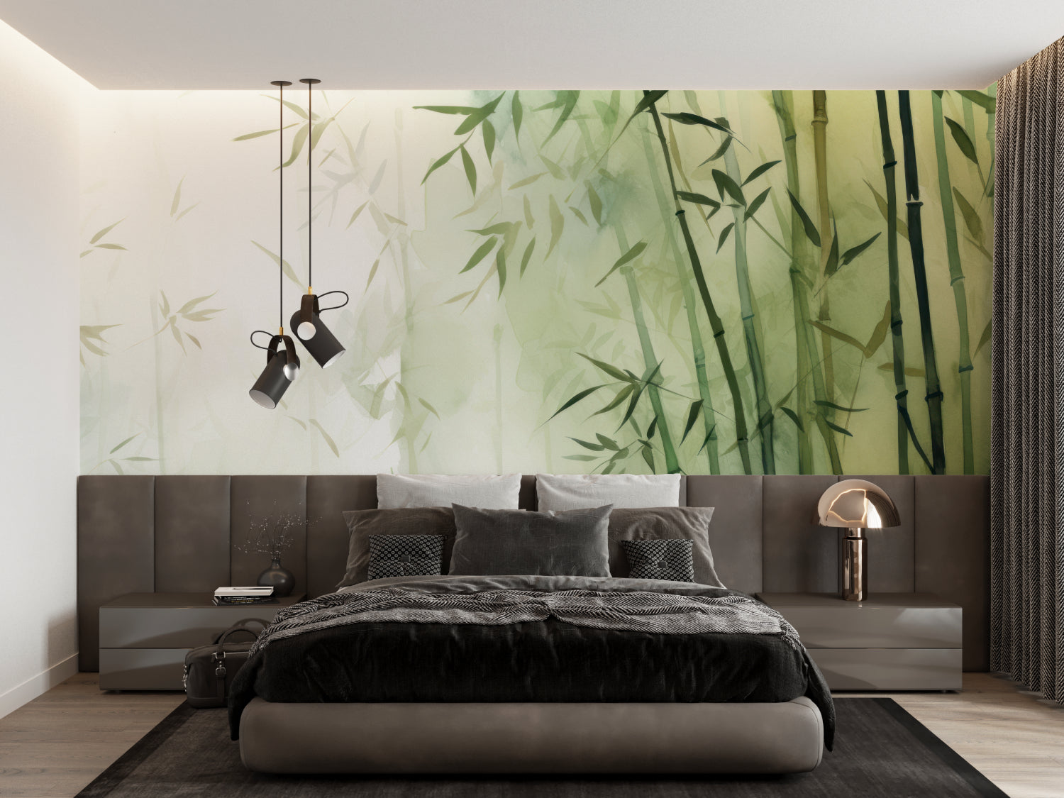 Green bamboo wall mural in peaceful meditation room