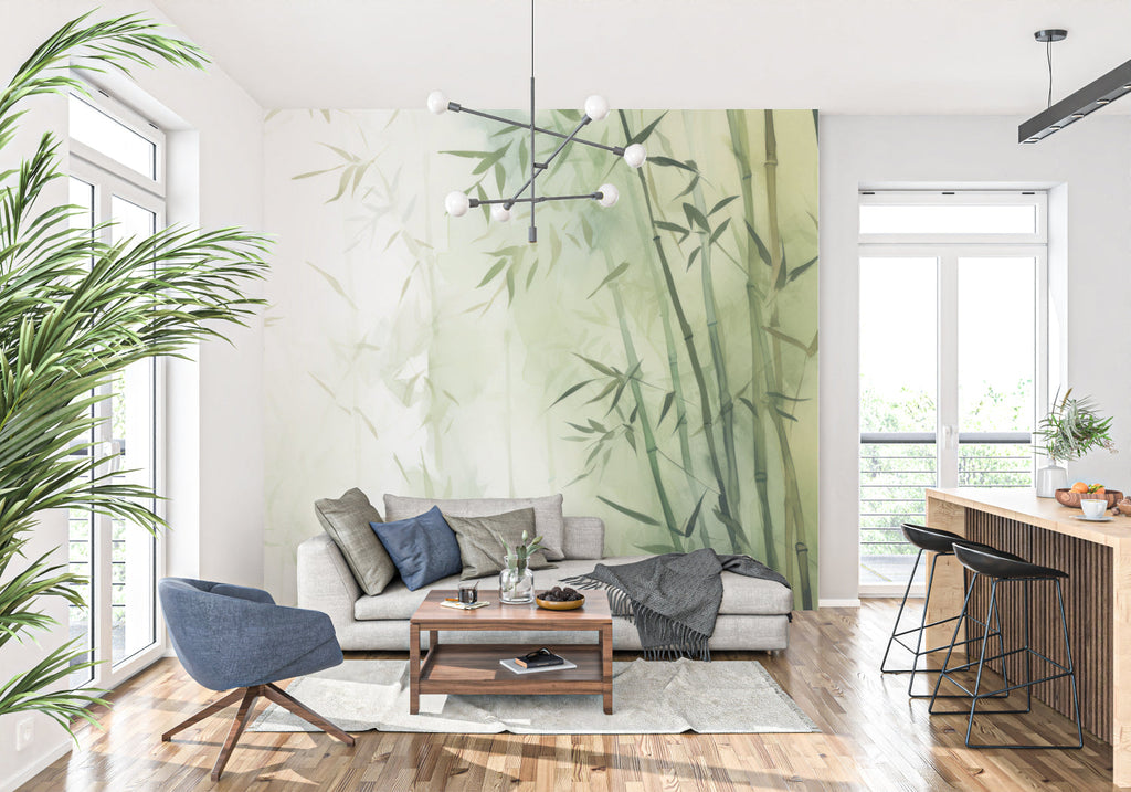 Zen bamboo wallpaper creating spa-like atmosphere in master bathroom