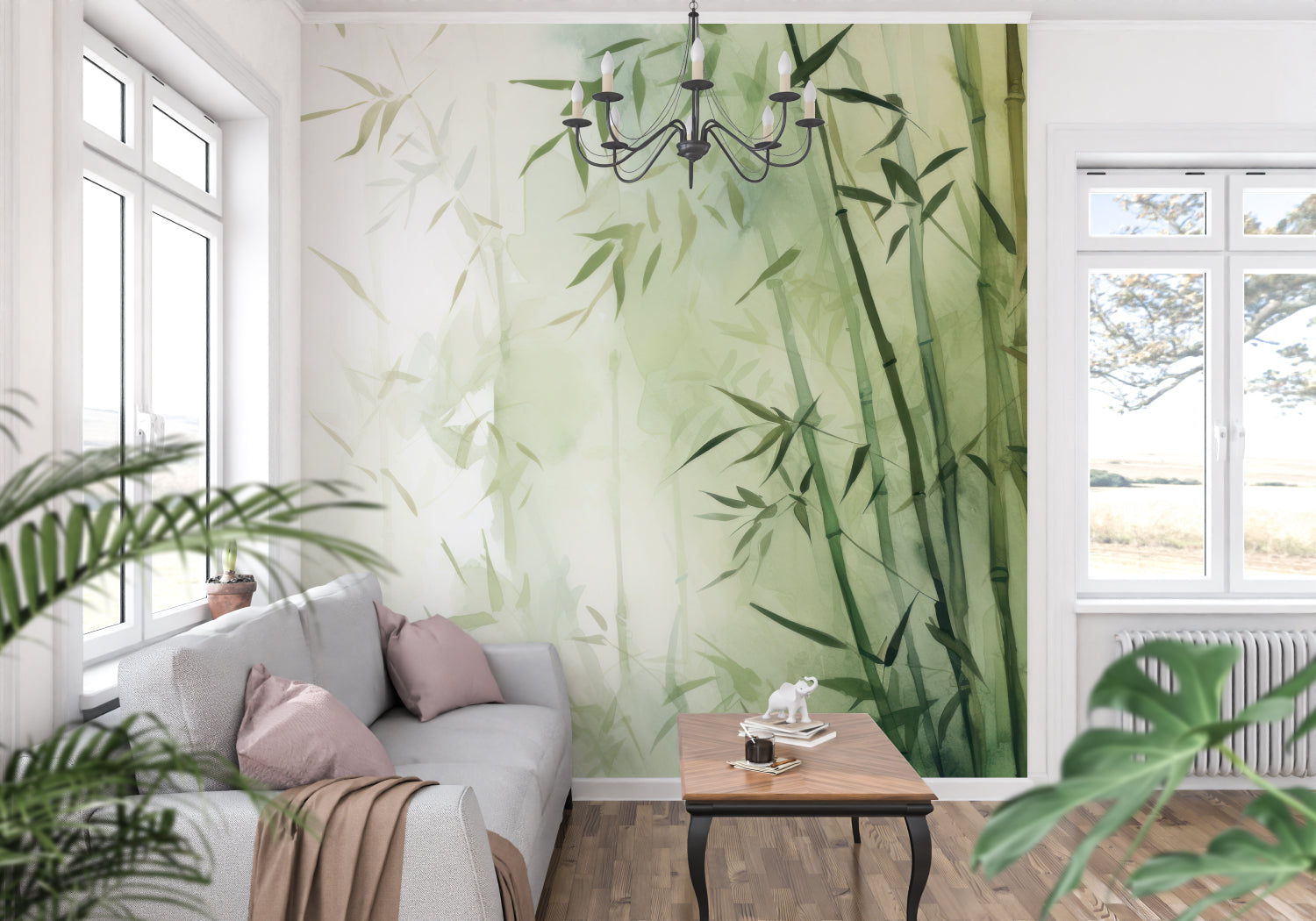 Asian-inspired bamboo mural in contemporary home office
