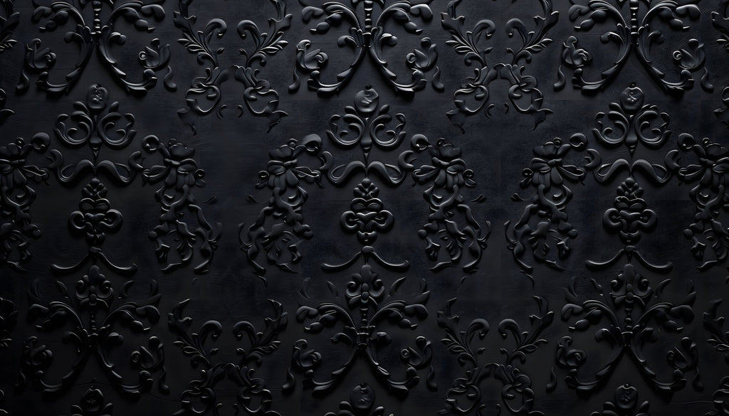 Black baroque wallpaper design file showing intricate 3D damask pattern details