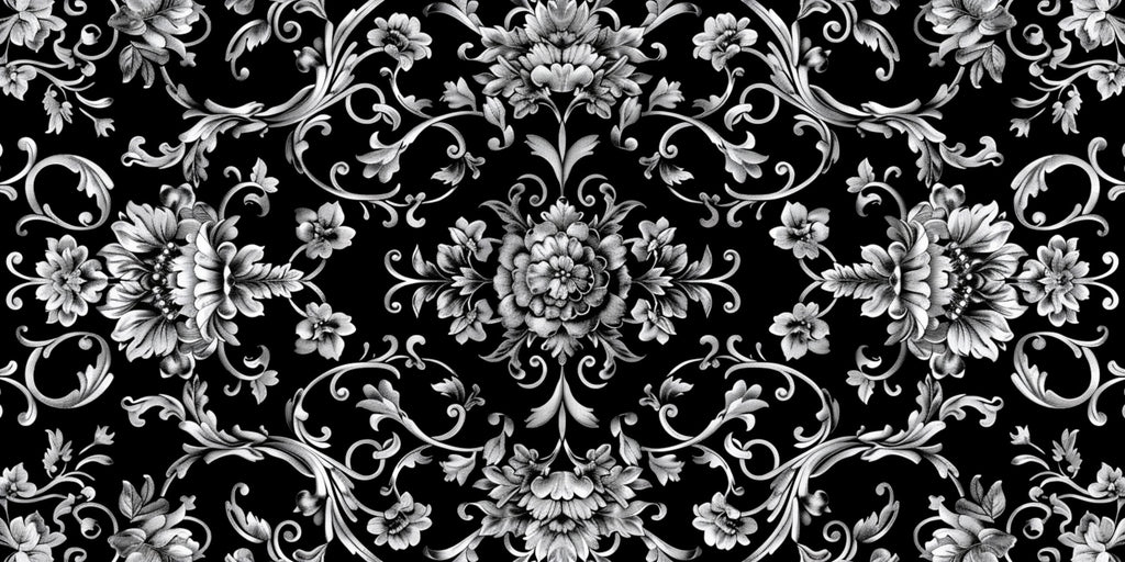 Design file showing intricate black and silver baroque floral pattern