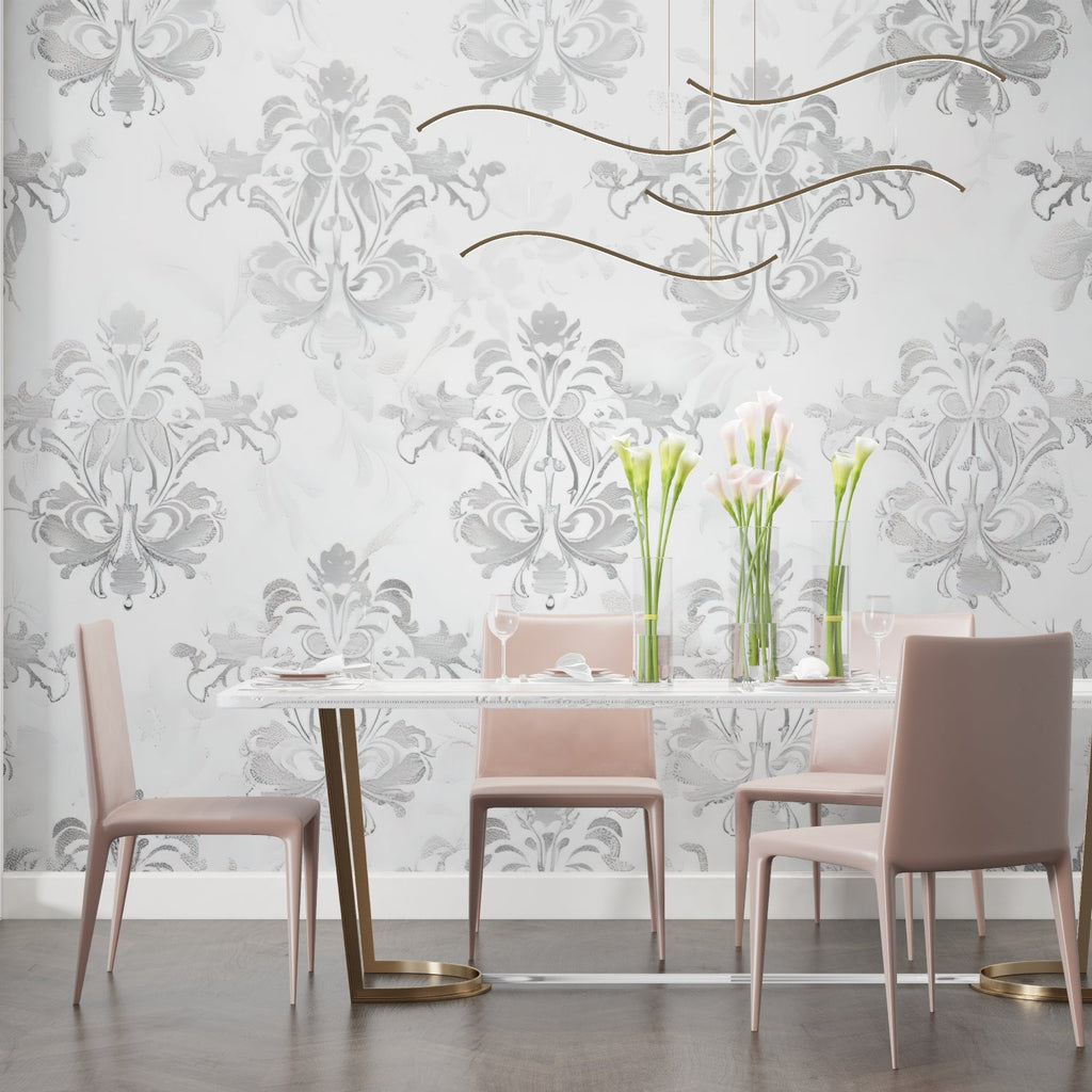Elegant grey Baroque wallpaper featured in master bedroom with classic furniture