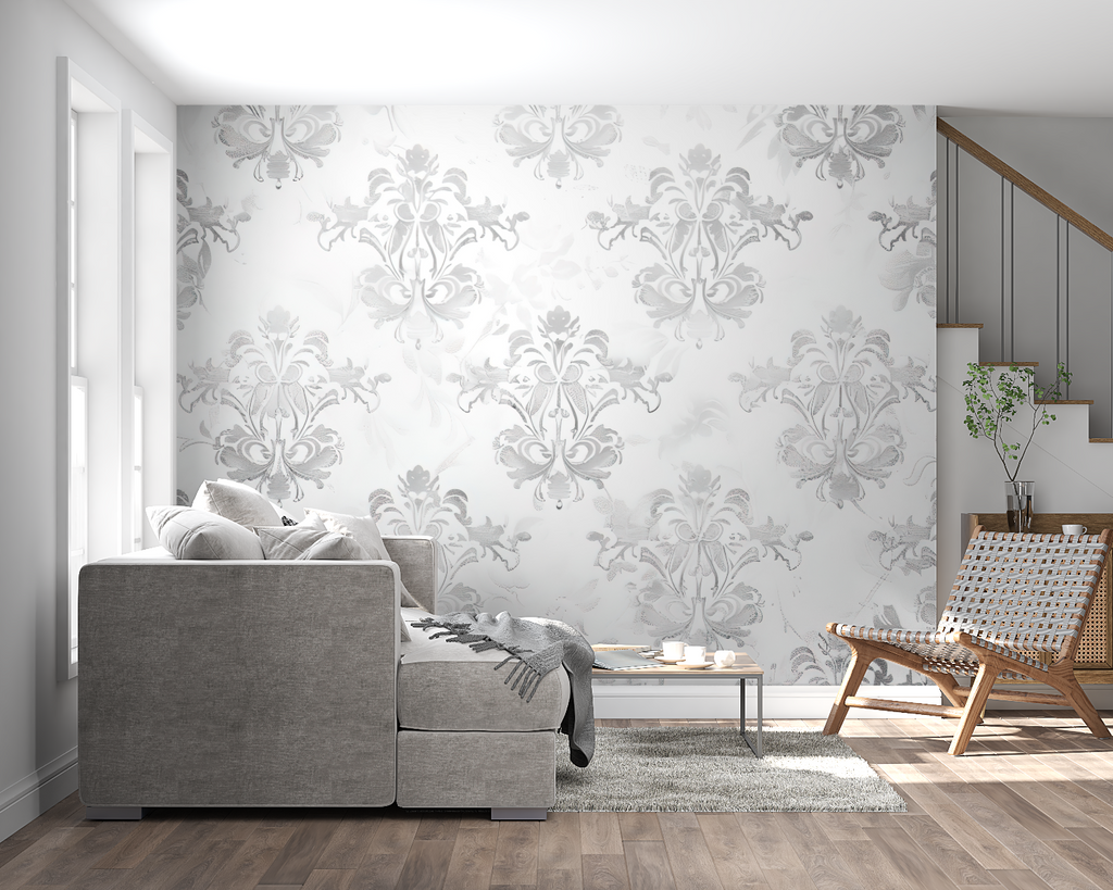 Damask wall mural in dining room showcasing pattern scale and room ambiance