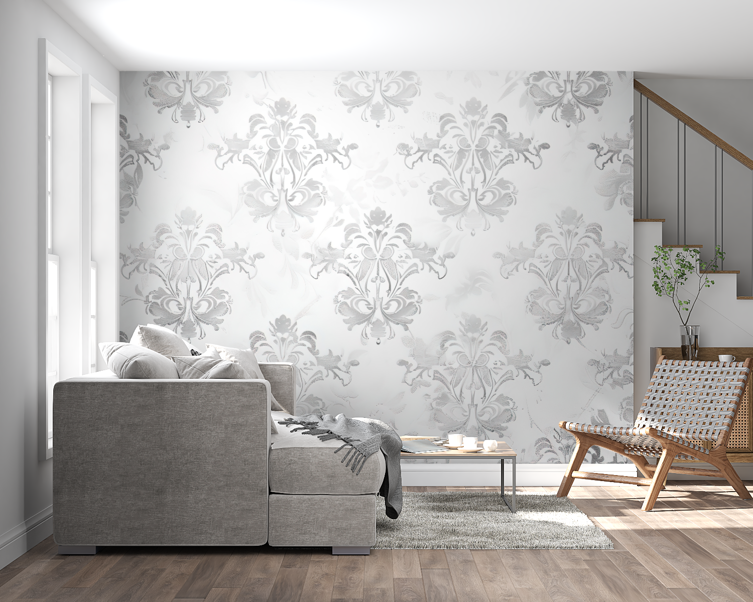 Damask wall mural in dining room showcasing pattern scale and room ambiance