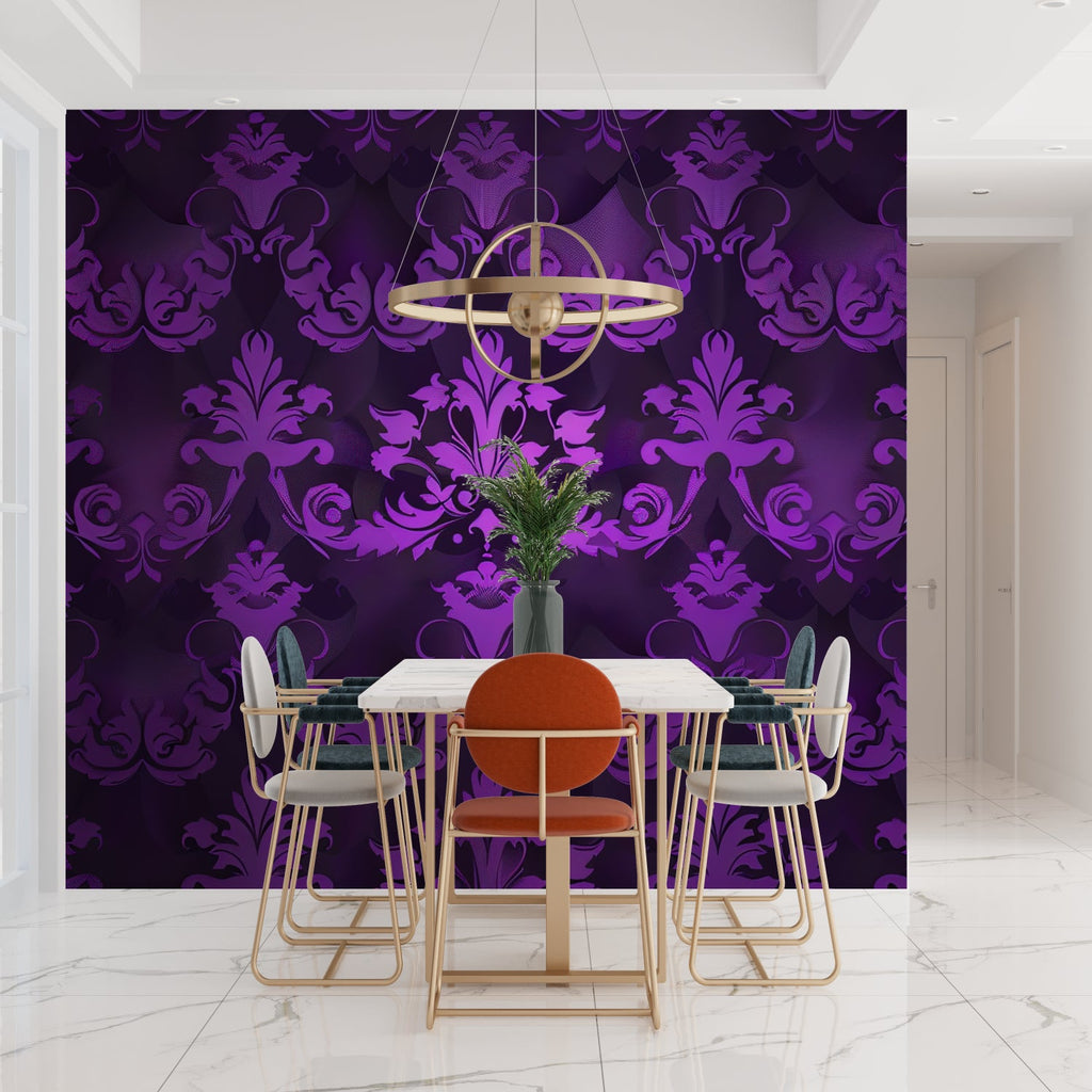 Victorian living room showcasing purple baroque wallpaper design