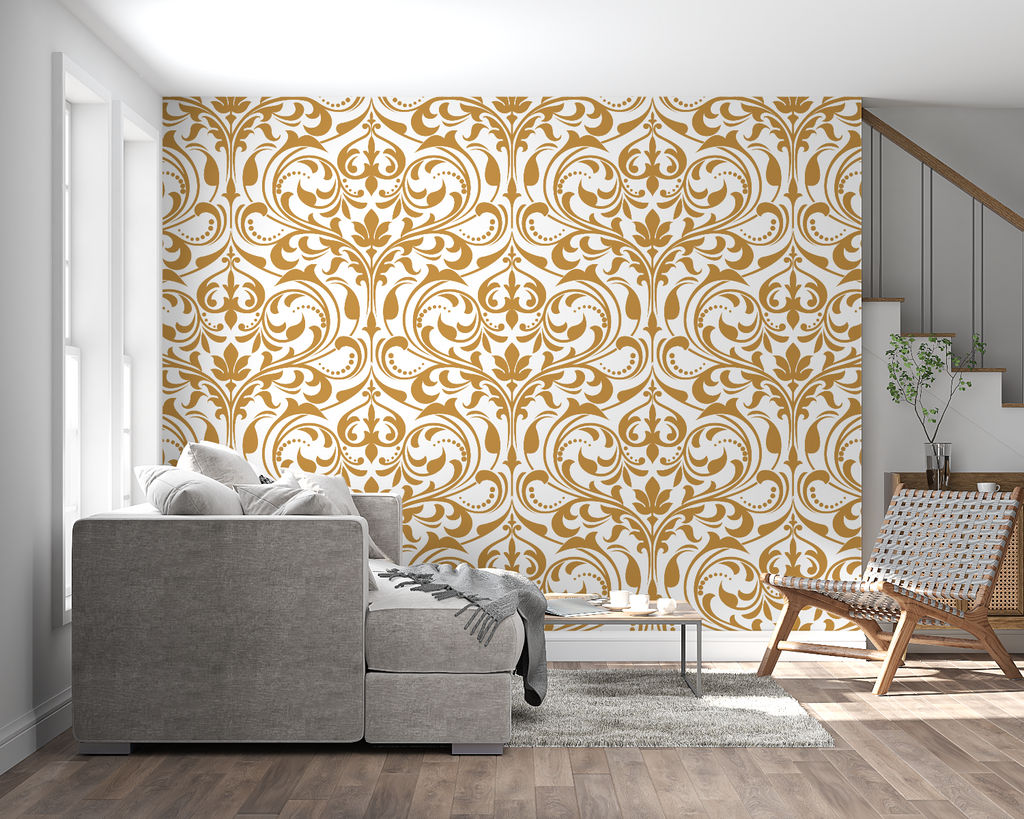 Baroque pattern wallpaper making a statement in elegant dining room setup