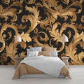 Baroque black and gold wallpaper mural in a luxury dining room with crystal chandelier and dark wood furniture