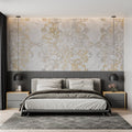 Baroque gold damask wallpaper in elegant dining room with crystal chandelier