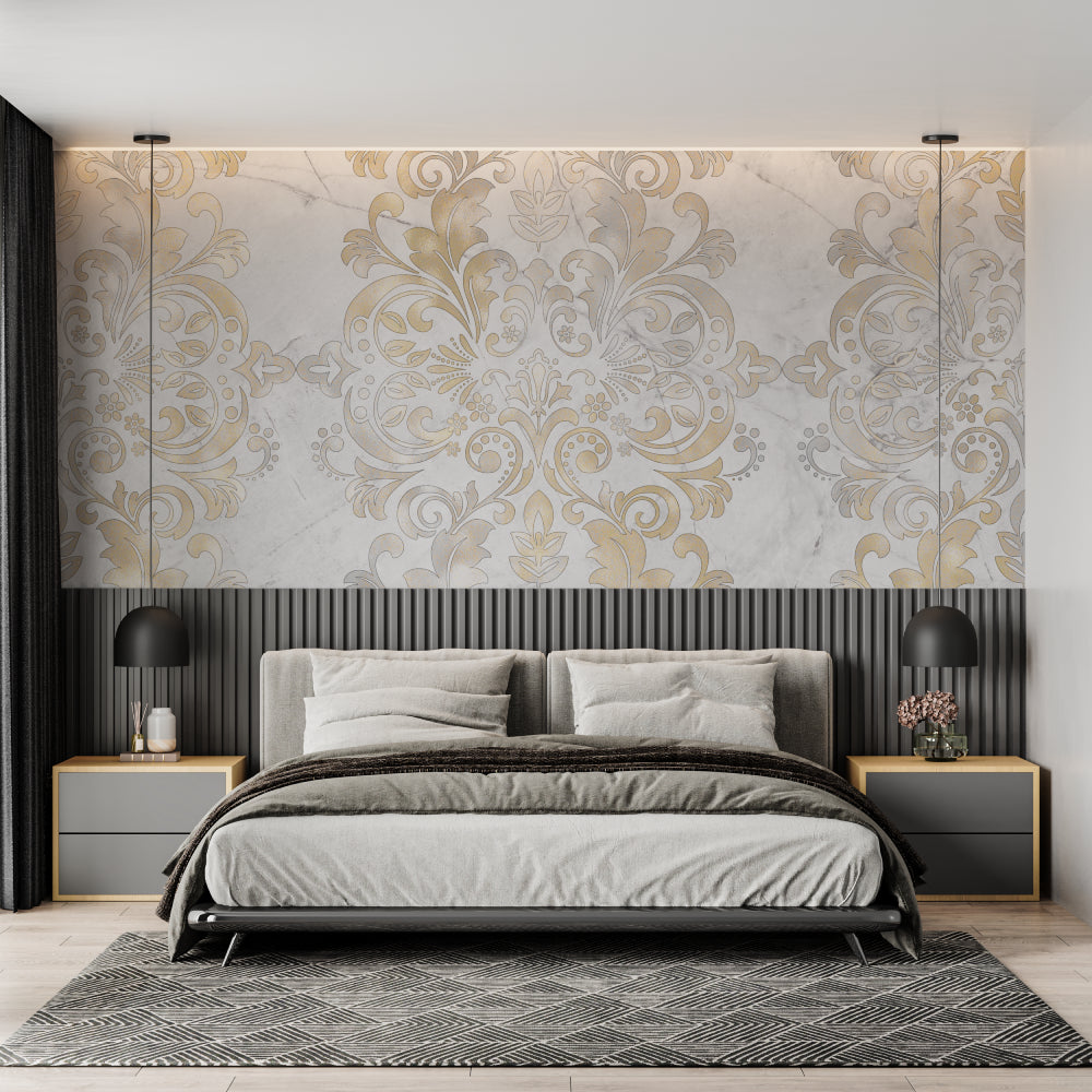 Baroque gold damask wallpaper in elegant dining room with crystal chandelier