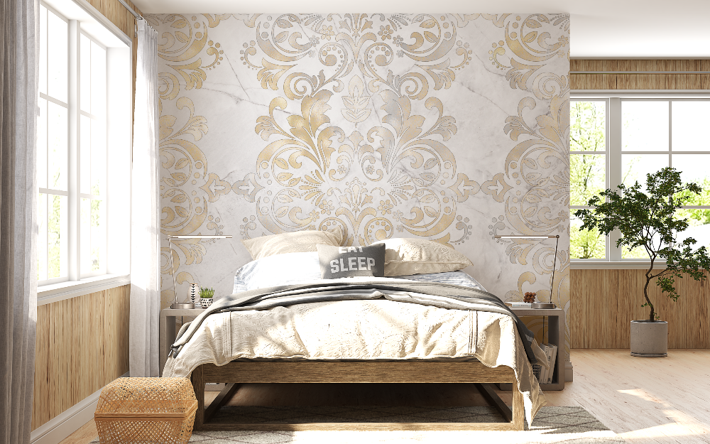Master bedroom featuring gold and beige marble damask wallpaper with soft lighting