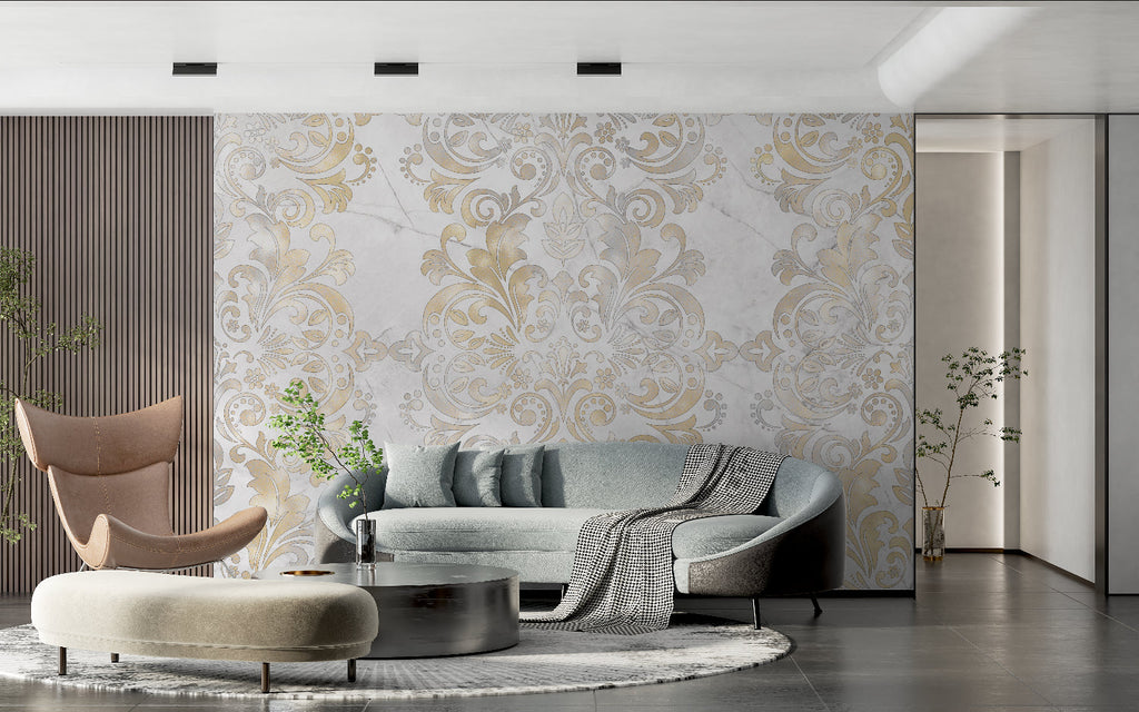 Luxury hotel lobby showcasing baroque marble wallpaper with gold accents