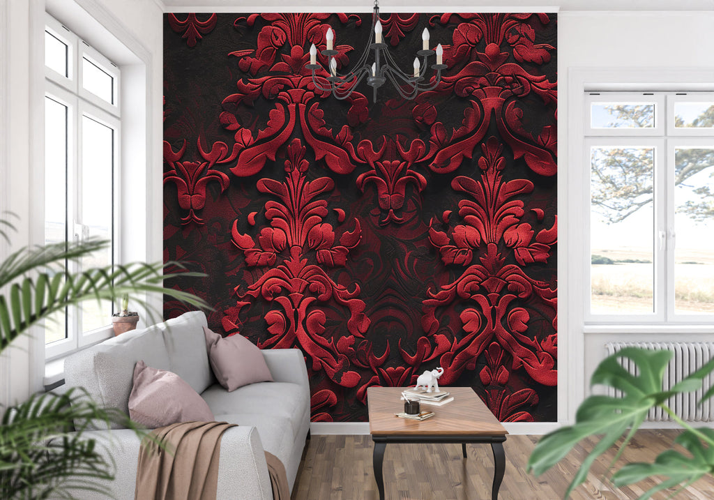 Baroque 3D damask wallpaper creating depth in modern living room with red and black tones