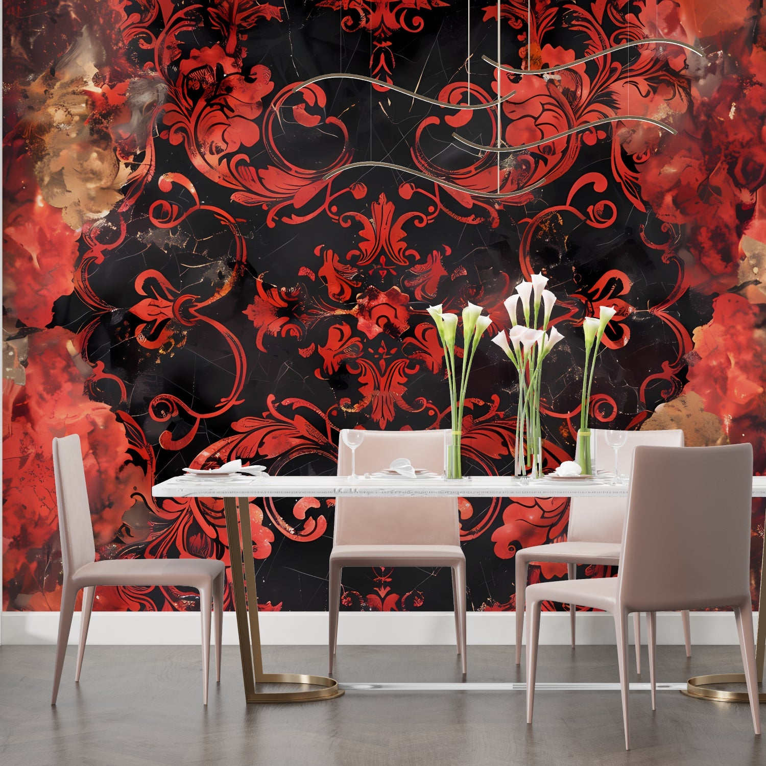 Baroque red and black damask wallpaper in modern dining room with crystal chandelier