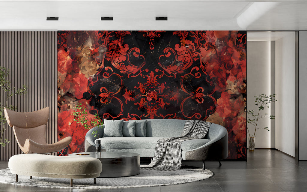 Red baroque wall mural adding drama to master bedroom with dark furniture