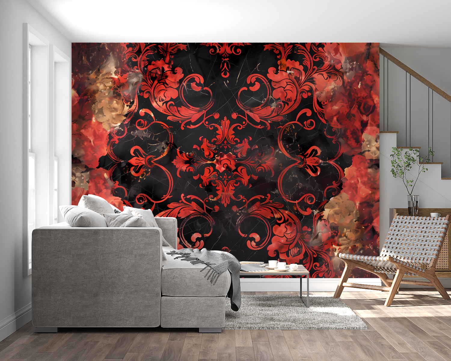 Black and red baroque pattern wallpaper in home office with modern desk